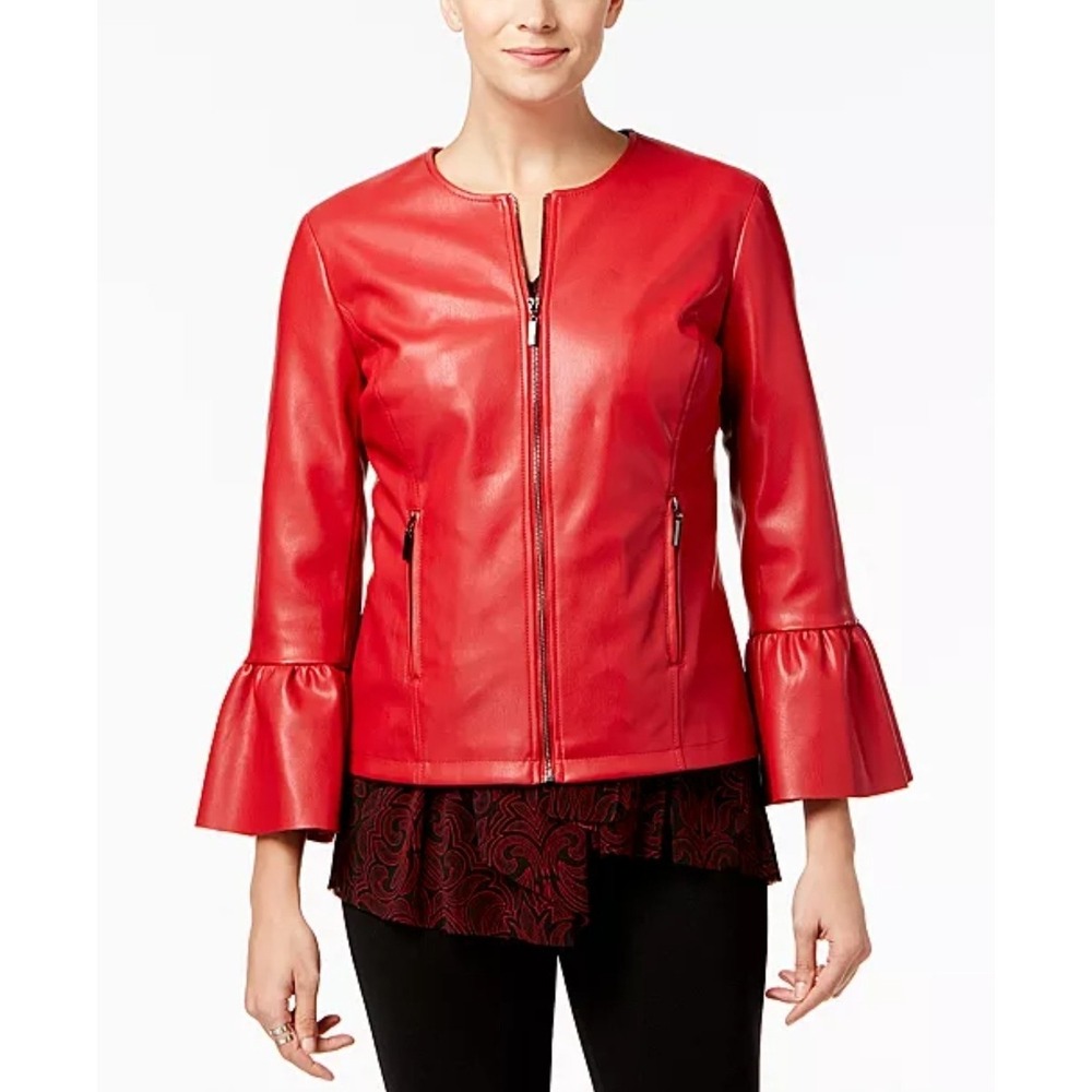 Alfani Petite Medium Faux-Leather Ruffle-Sleeve Coat In Red Front Zip Round Neck